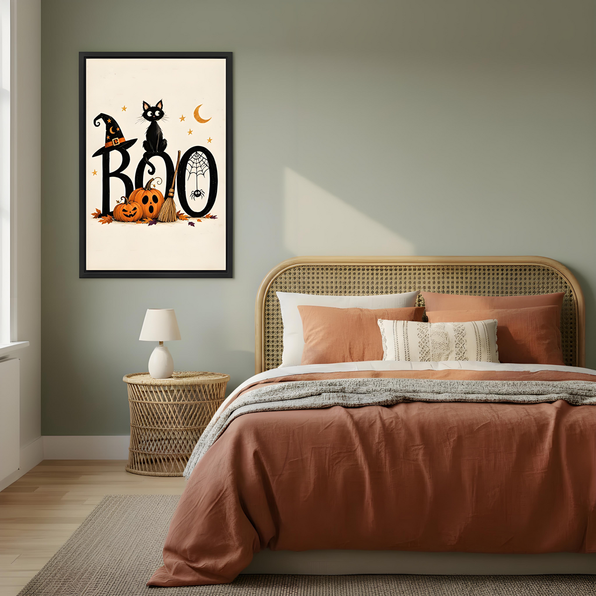Vintage Halloween BOO black cat witch hat jack-o-lantern spider web cream black framed canvas wall art on sage green wall beside rattan headboard bed with terracotta linen and wicker nightstand lamp
