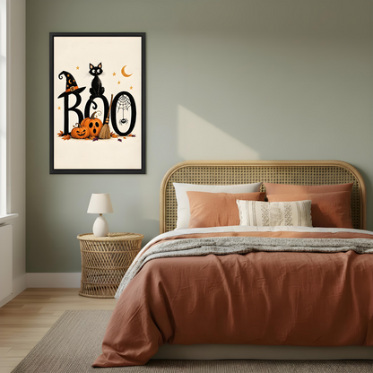Vintage Halloween BOO black cat witch hat jack-o-lantern spider web cream black framed canvas wall art on sage green wall beside rattan headboard bed with terracotta linen and wicker nightstand lamp