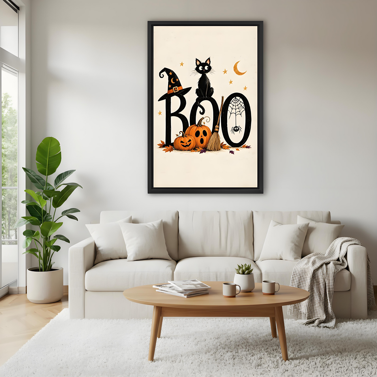 Vintage Halloween BOO black cat witch hat pumpkin broom spider web gold stars cream black framed canvas wall art above wide cream linen sofa with woven throw and succulent plant