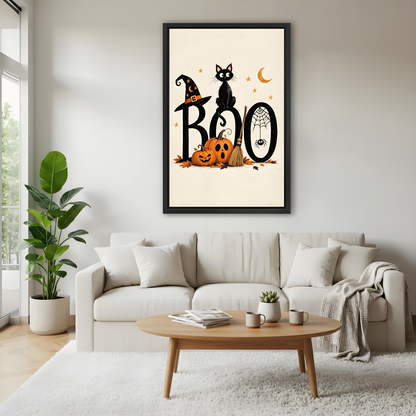 Vintage Halloween BOO black cat witch hat pumpkin broom spider web gold stars cream black framed canvas wall art above wide cream linen sofa with woven throw and succulent plant