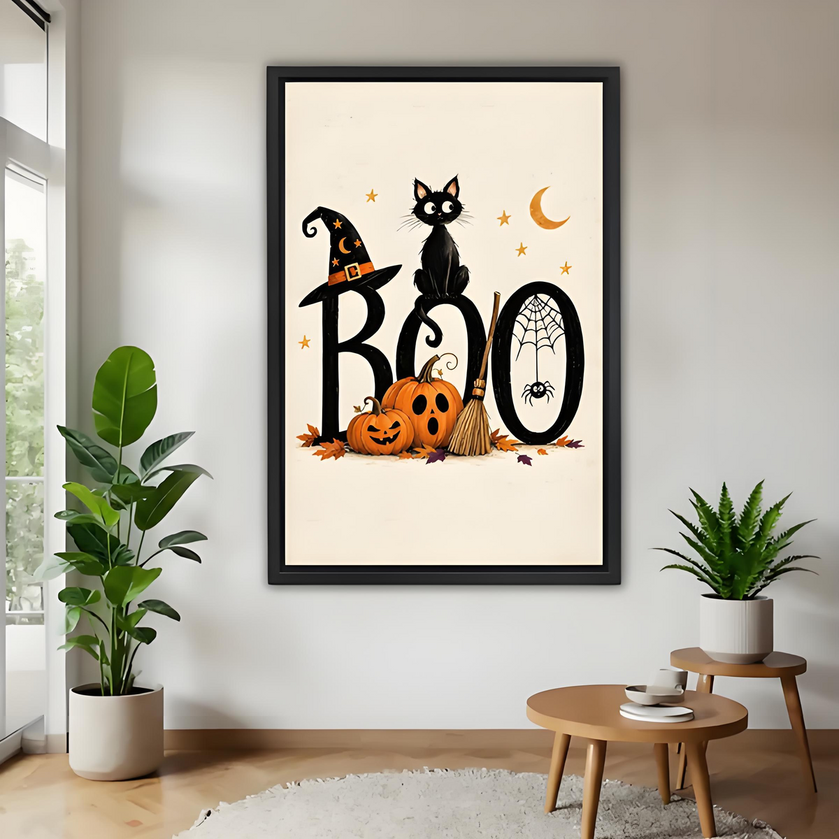 Vintage Halloween BOO black cat witch hat jack-o-lantern broom spider web crescent moon cream black framed canvas wall art on gray wall beside wood round table with white pot plants