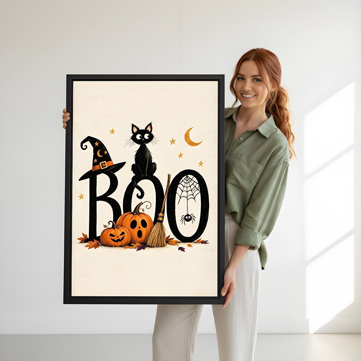 Smiling redhead woman holding large vintage Halloween BOO black cat witch hat pumpkin spider web cream black framed canvas wall art size reference in bright white room