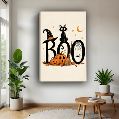 Vintage Halloween BOO black cat witch hat pumpkin spider web gold stars cream gallery wrap canvas wall art on gray wall above wood round side table with green tropical plants