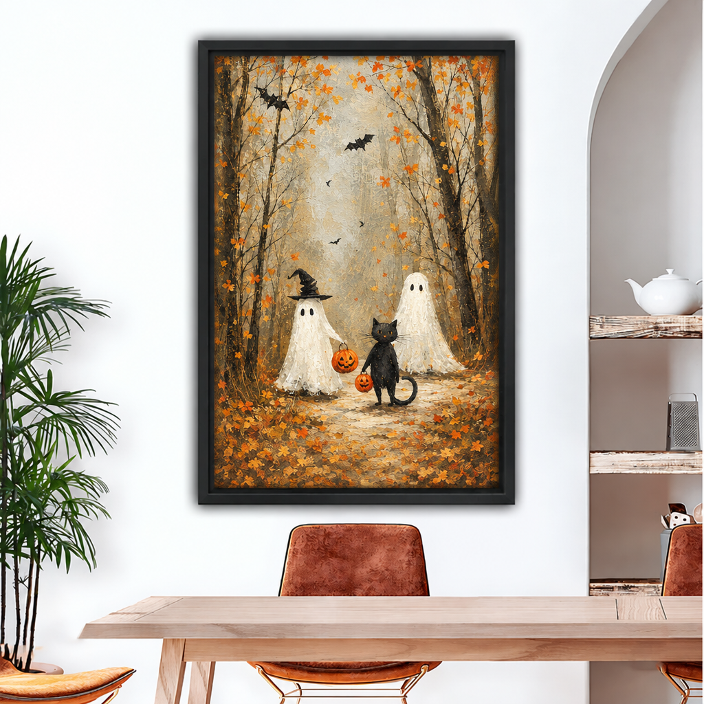 Black framed vintage Halloween ghost cat canvas wall art above a wooden dining table with rust chairs
