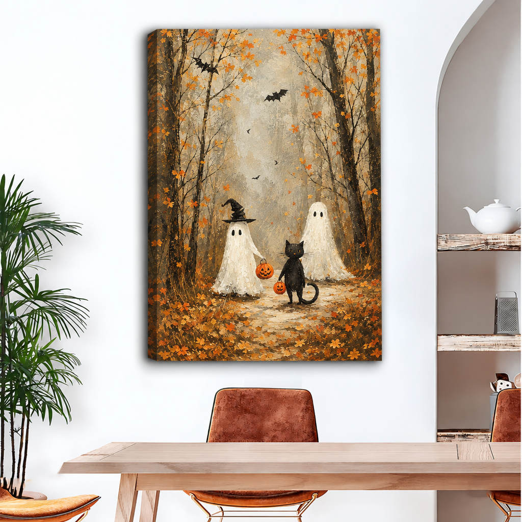 Unframed gallery-wrap vintage Halloween ghost cat canvas wall art with wrapped autumn forest edges