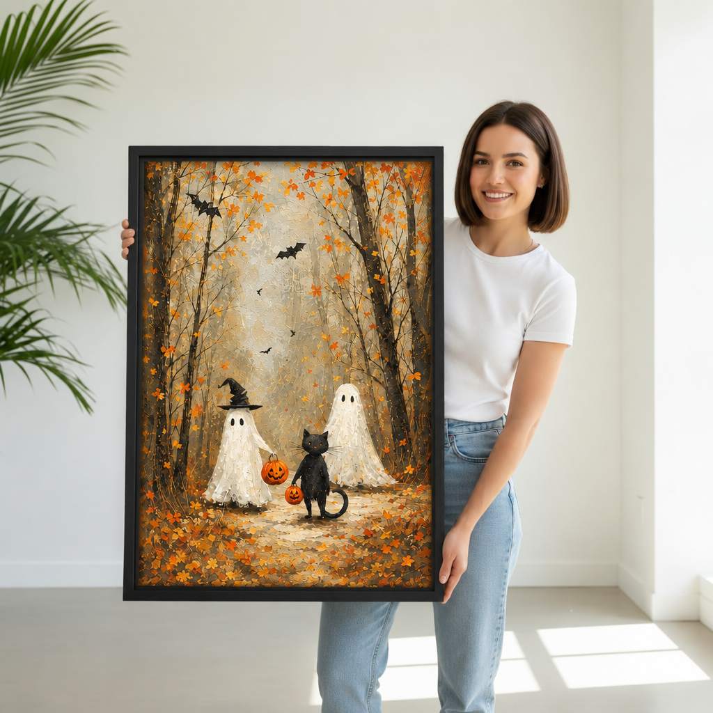 Smiling woman holding framed vintage Halloween ghost cat canvas wall art to show its real size