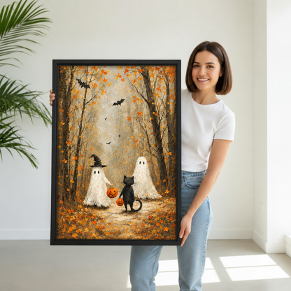 Smiling woman holding framed vintage Halloween ghost cat canvas wall art to show its real size