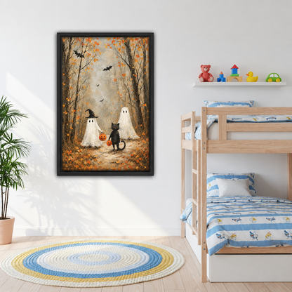 Vintage Halloween ghost cat canvas wall art hanging in a sunny kids room beside a wooden bunk bed