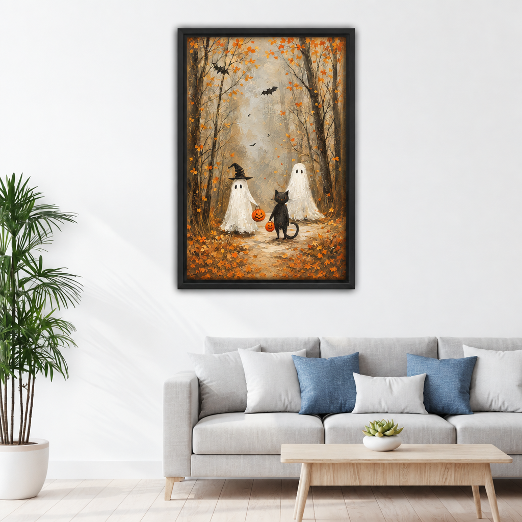 Framed vintage Halloween ghost cat canvas wall art above a grey sofa with blue cushions