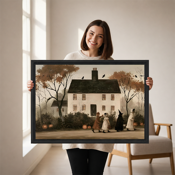 A woman holds vintage Halloween house canvas wall art, showing a pale home, trees, pumpkins, and costumed figures.