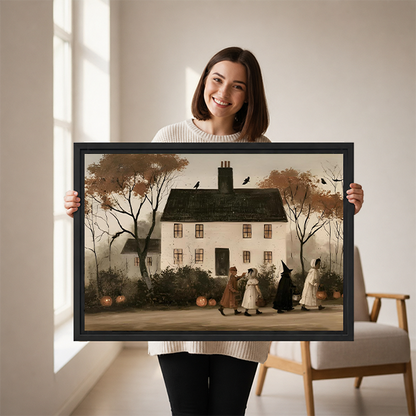 A woman holds vintage Halloween house canvas wall art, showing a pale home, trees, pumpkins, and costumed figures.