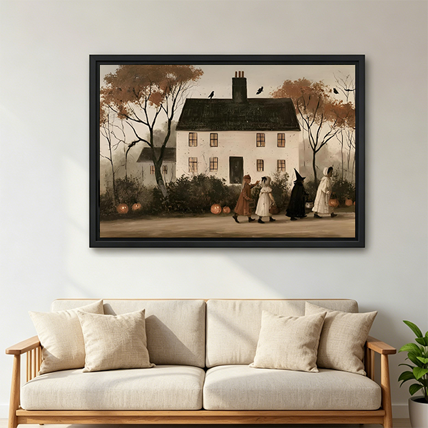 Framed Halloween house canvas wall art hangs above a light sofa, with costumed figures crossing the foreground.