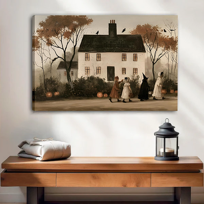 Vintage Halloween house canvas art displayed above a wooden console with a lantern and folded blanket.