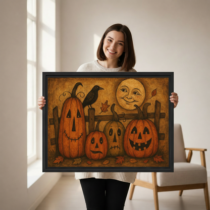 Woman holding framed vintage Halloween pumpkins wall art to demonstrate its horizontal scale and appearance.
