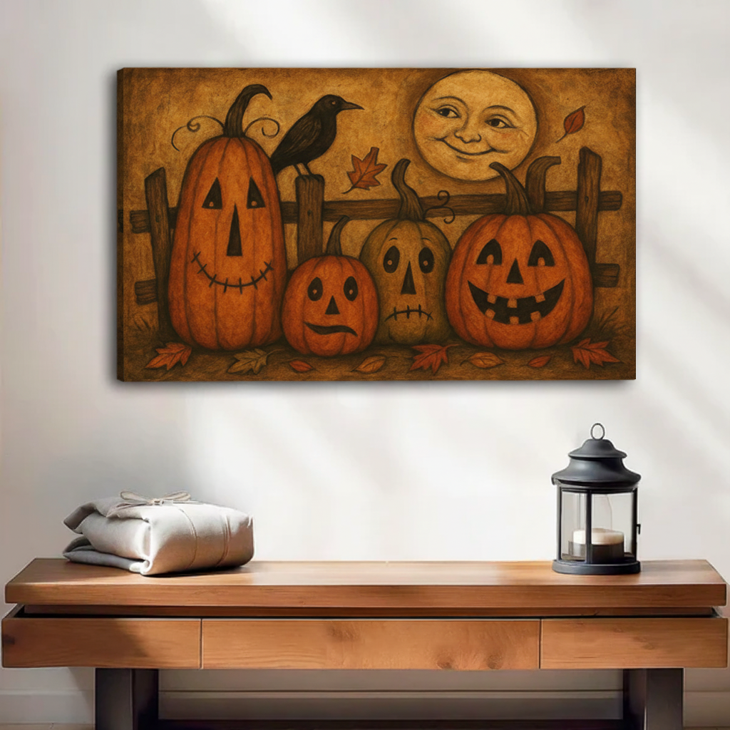 Gallery-wrap Halloween pumpkins canvas art featuring four jack-o’-lanterns, a black crow, and smiling moon.