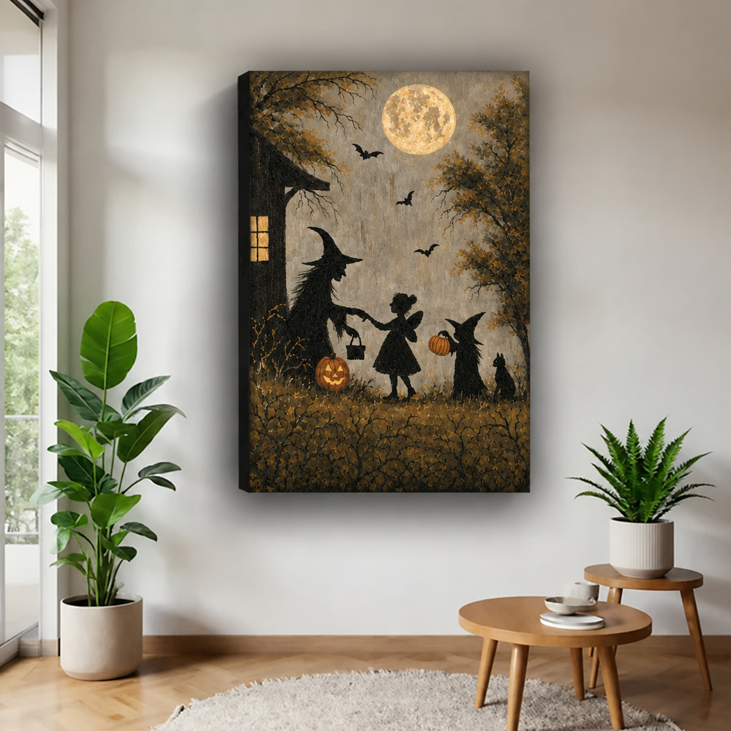 Unframed vintage Halloween silhouette canvas wall art featuring a witch and child beneath a full moon, displayed between plants.