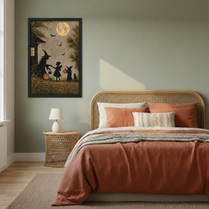 Black-framed vintage Halloween silhouette wall art beside a rattan bed with terracotta bedding against a sage green wall.