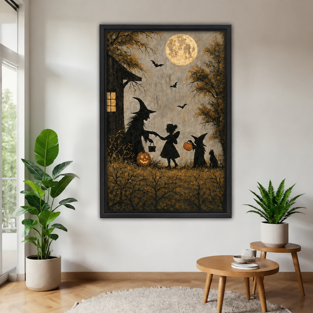 Black-framed vintage Halloween silhouette wall art with a full moon and bats, displayed between potted plants near a window.