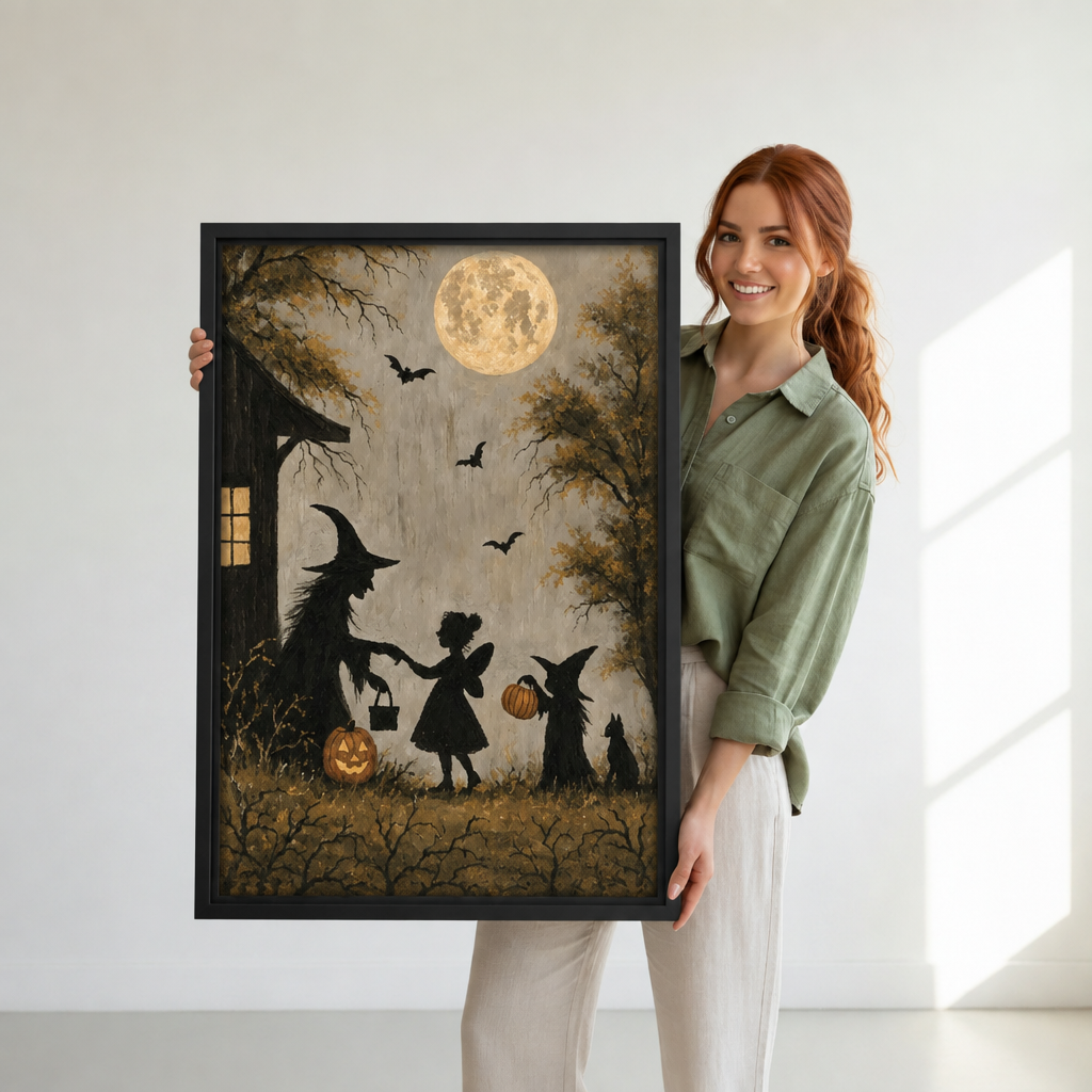 Woman holding framed vintage Halloween silhouette wall art featuring a witch, child, black cats, pumpkins, and full moon.