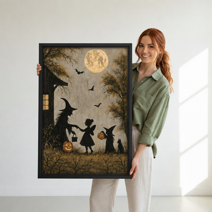 Woman holding framed vintage Halloween silhouette wall art featuring a witch, child, black cats, pumpkins, and full moon.