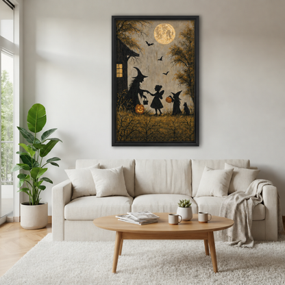 Vintage Halloween silhouette wall art above a cream sofa with a wooden coffee table and leafy plant.