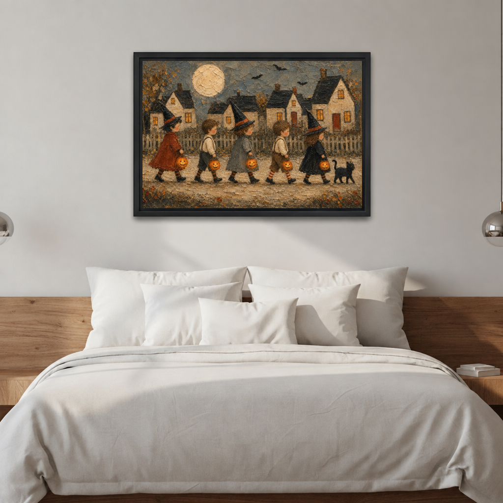 Framed vintage Halloween trick or treat canvas wall art hanging above a white bed with pendant lights