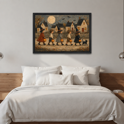 Framed vintage Halloween trick or treat canvas wall art hanging above a white bed with pendant lights