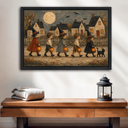 Vintage Halloween trick or treat canvas wall art in a black frame above a wooden console with a lantern