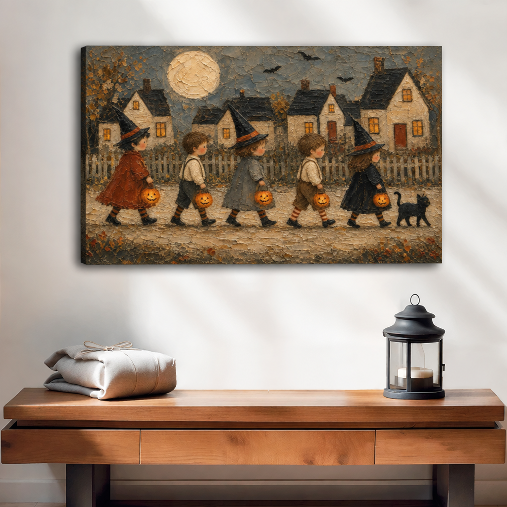 Gallery-wrap vintage Halloween trick or treat canvas wall art showing little witches and a black cat