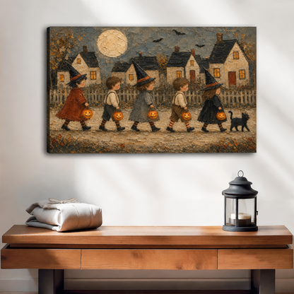 Gallery-wrap vintage Halloween trick or treat canvas wall art showing little witches and a black cat