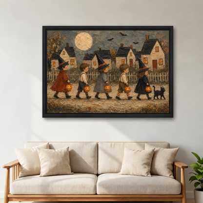 Framed vintage Halloween trick or treat canvas wall art above a cream sofa with linen pillows