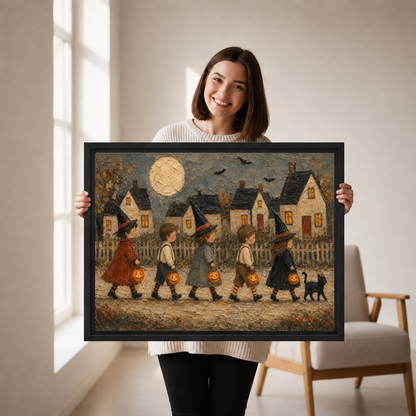 Smiling woman holding framed vintage Halloween trick or treat canvas wall art to show its size