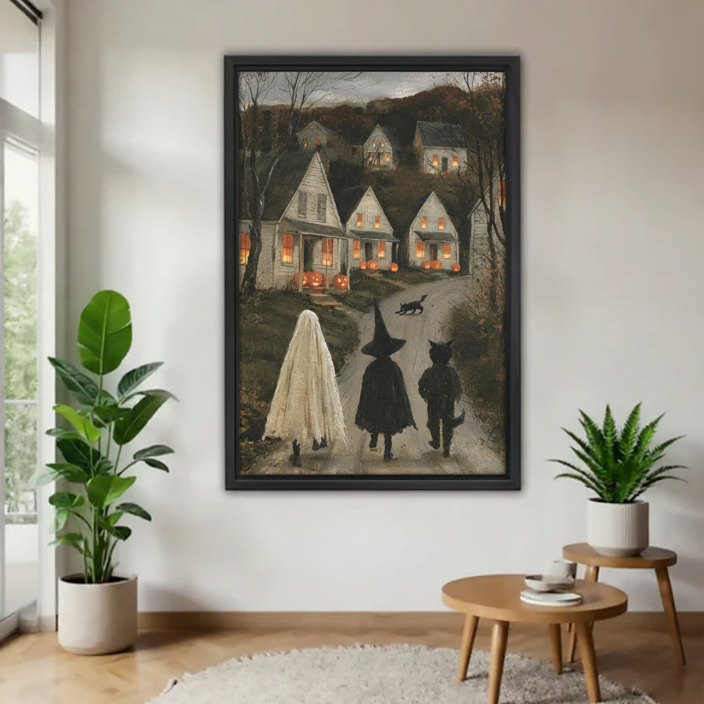 Vintage Halloween canvas wall art styled above a dining table with indoor plants