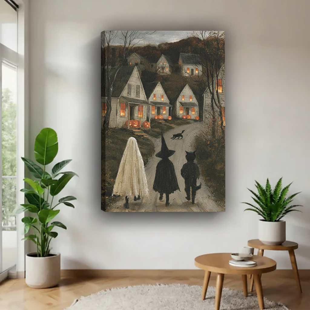 Gallery-wrap vintage Halloween village wall art displayed in a bright modern room