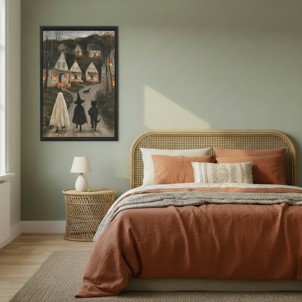 Vintage Halloween village wall art displayed above a warm neutral bedroom