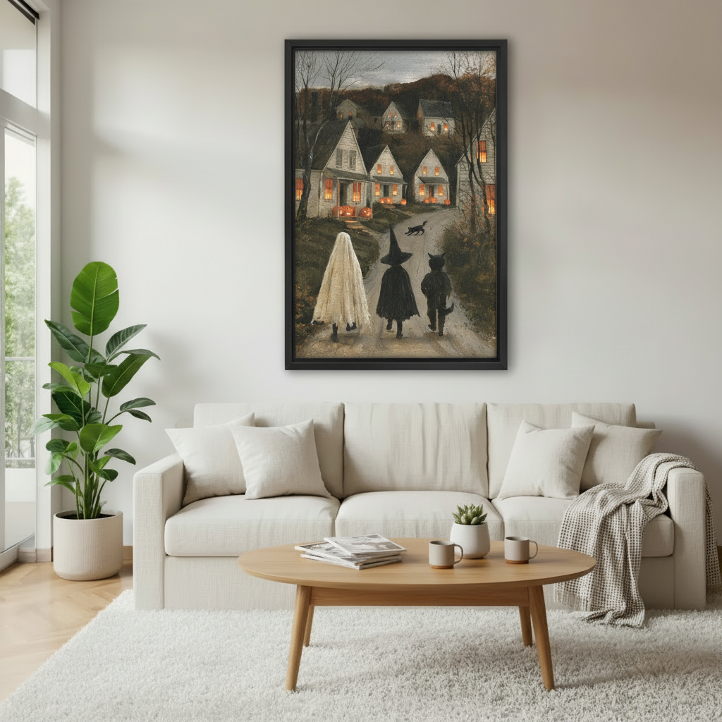 Vintage Halloween village wall art framed above a sofa in a bright living room