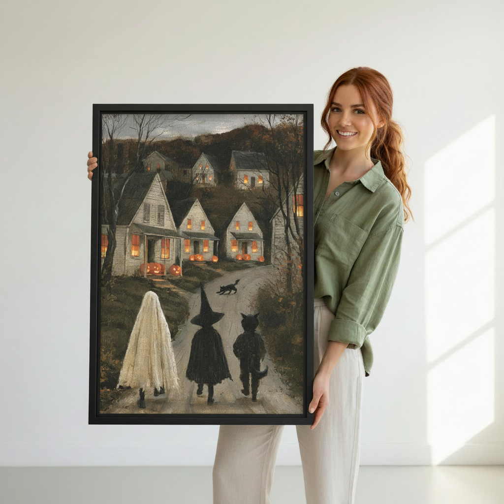Woman holding framed vintage Halloween village wall art to show its full size