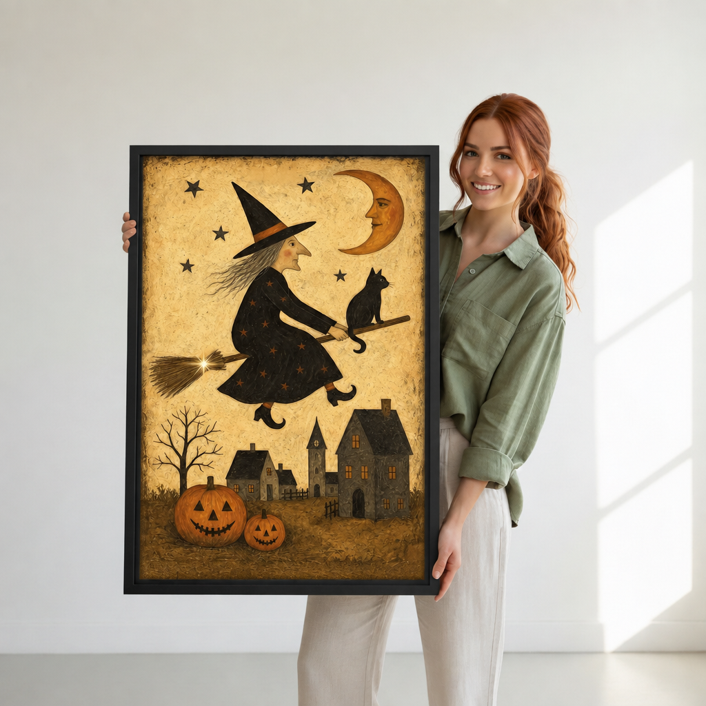 Vintage Halloween witch wall art in a black frame, held up for display beside a woman.