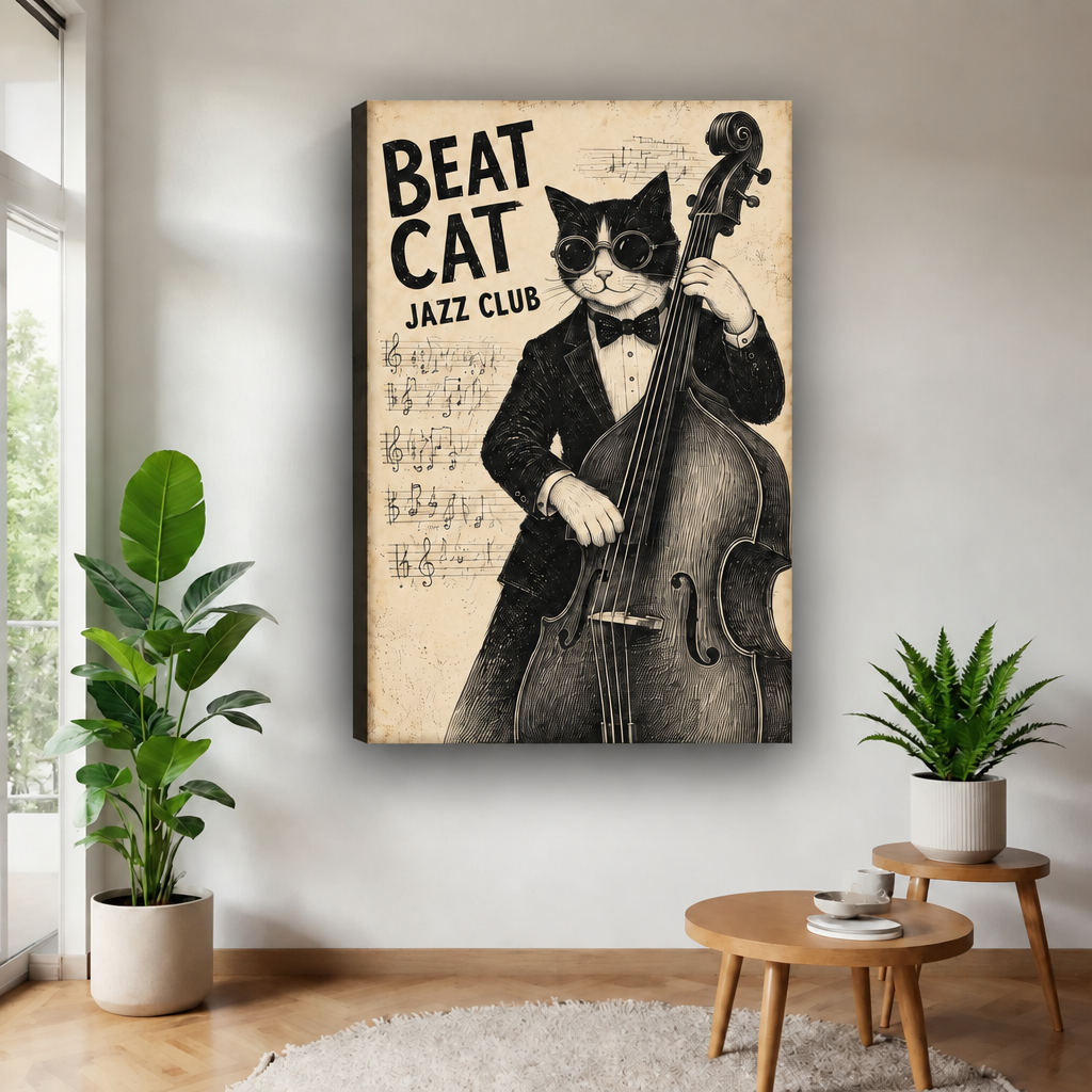 Unframed vintage jazz cat canvas wall art featuring an upright bass, musical notation, and bold Beat Cat lettering.