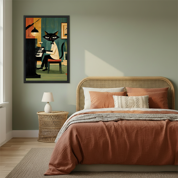 Framed vintage jazz cat piano canvas wall art above a sofa, featuring a black cat at a piano