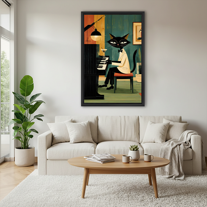 Vintage jazz cat piano canvas wall art above a bedroom, showing a black cat playing music in a retro room