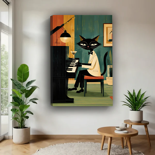 Vintage jazz cat piano canvas wall art in a bright room, showing a black cat playing piano beneath pendant lighting