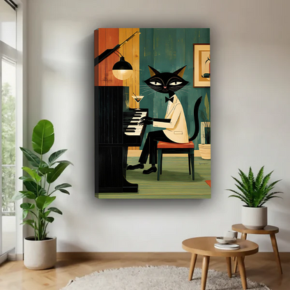 Vintage jazz cat piano canvas wall art in a bright room, showing a black cat playing piano beneath pendant lighting