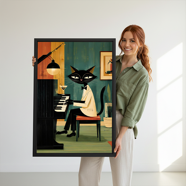 Framed vintage jazz cat piano canvas wall art above a console, featuring a black cat, piano, and martini glass