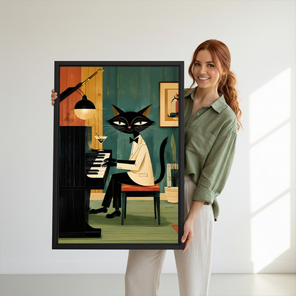 Framed vintage jazz cat piano canvas wall art above a console, featuring a black cat, piano, and martini glass