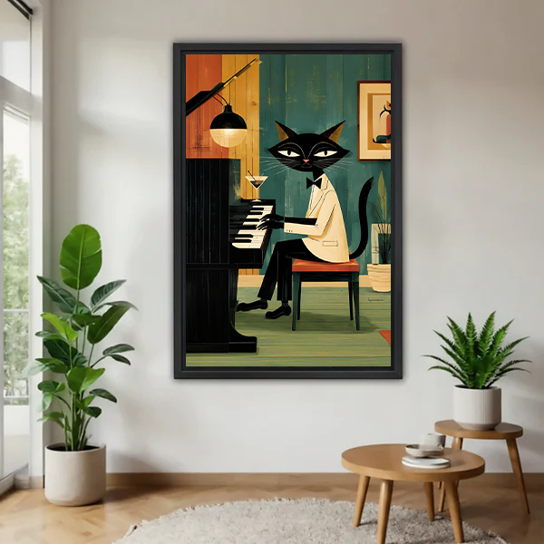 Woman holding vintage jazz cat piano canvas wall art with a black cat, piano, martini glass, and warm lounge colors