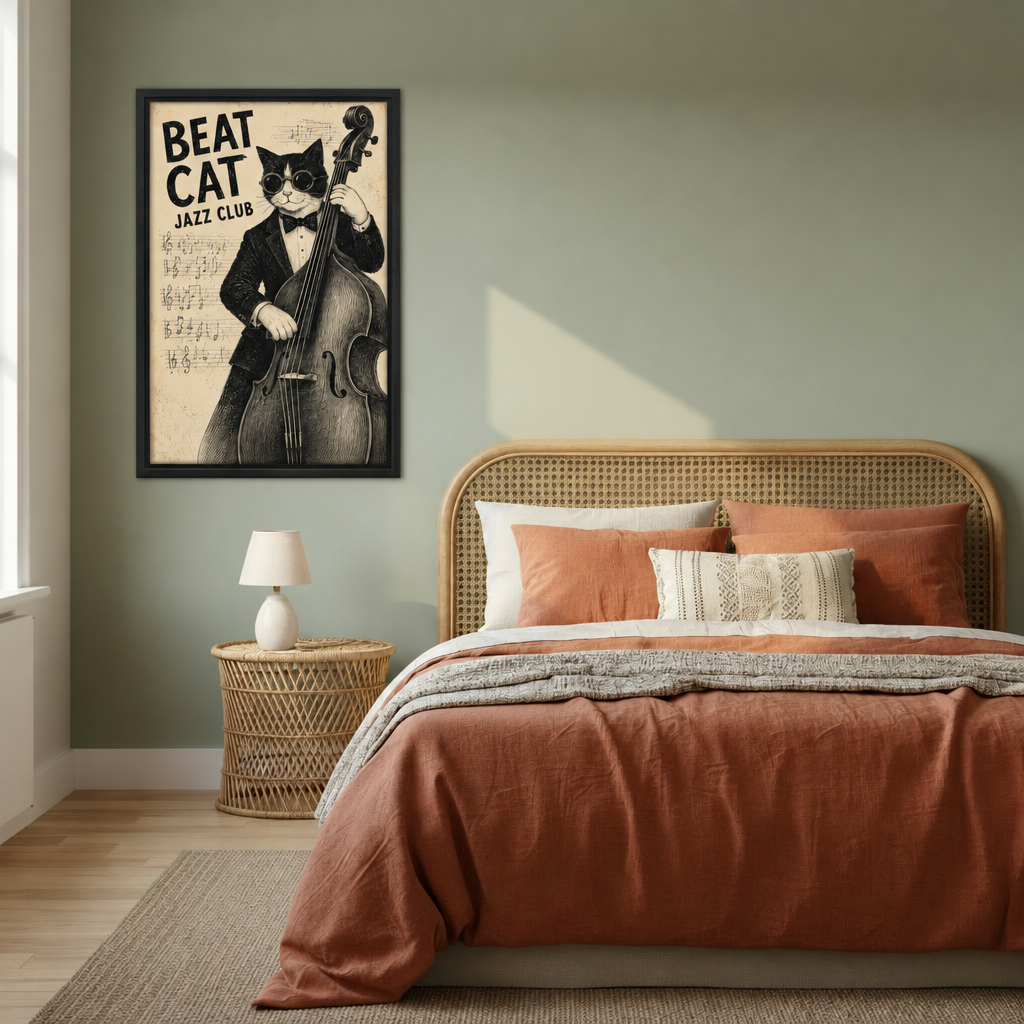 Black-framed vintage jazz cat wall art beside a rattan bed with terracotta bedding against a sage green wall.