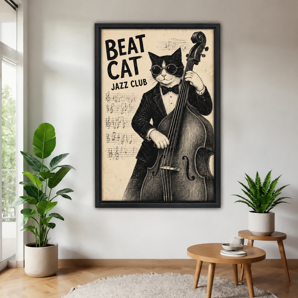 Vintage jazz cat wall art in a black frame, displayed near a bright window between potted plants.