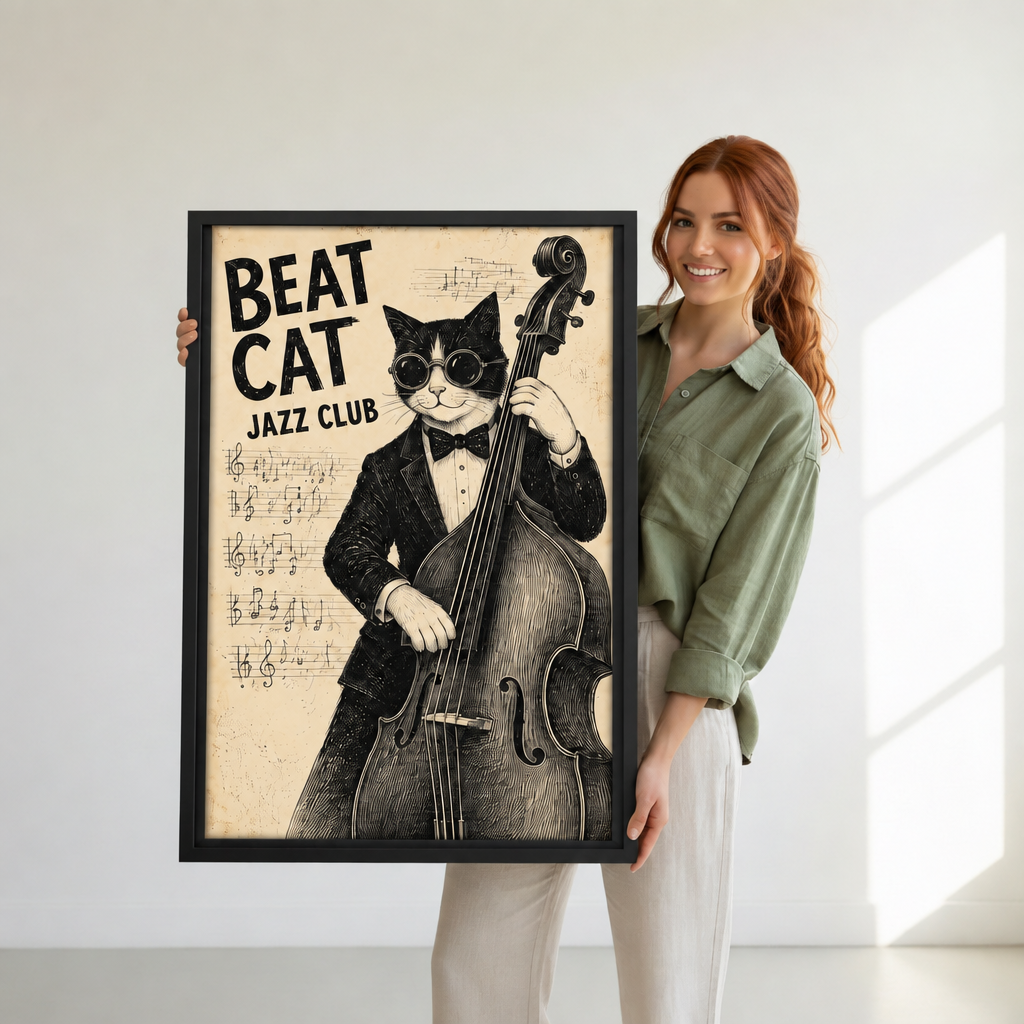 Woman holding black-framed vintage jazz cat wall art featuring a tuxedo cat playing upright bass beneath jazz club lettering.