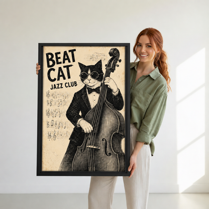 Woman holding black-framed vintage jazz cat wall art featuring a tuxedo cat playing upright bass beneath jazz club lettering.